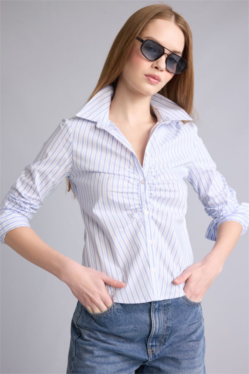 Kadın Mavi Fıtted Gömlek Yaka Bengalin Uzun Kollu Gömlek