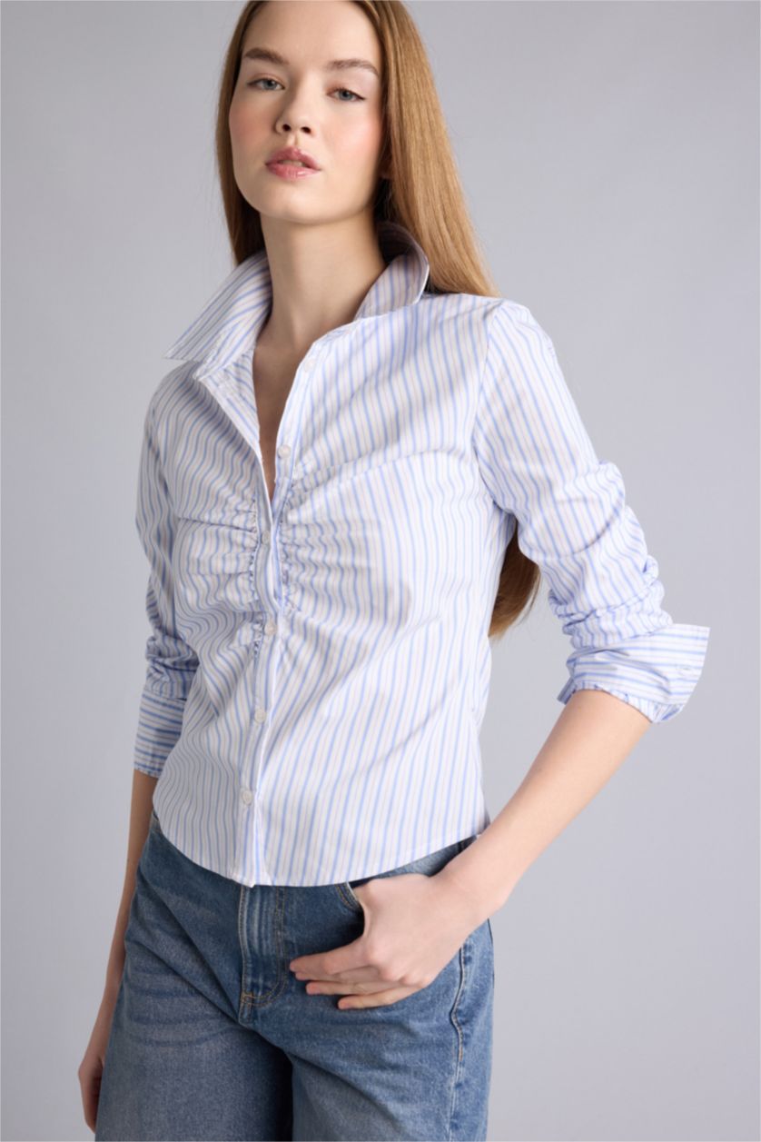 Kadın Mavi Fıtted Gömlek Yaka Bengalin Uzun Kollu Gömlek