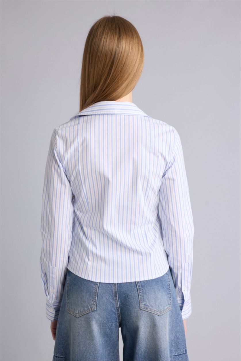 Kadın Mavi Fıtted Gömlek Yaka Bengalin Uzun Kollu Gömlek