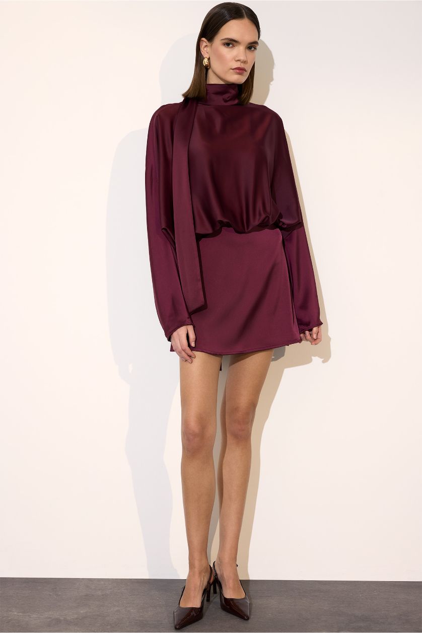 WOMAN Bordeaux Crew Neck Satin Batwing Mini Dress