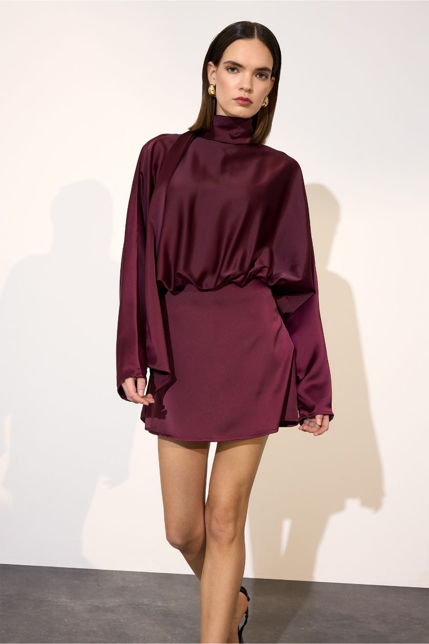 WOMAN Bordeaux Crew Neck Satin Batwing Mini Dress