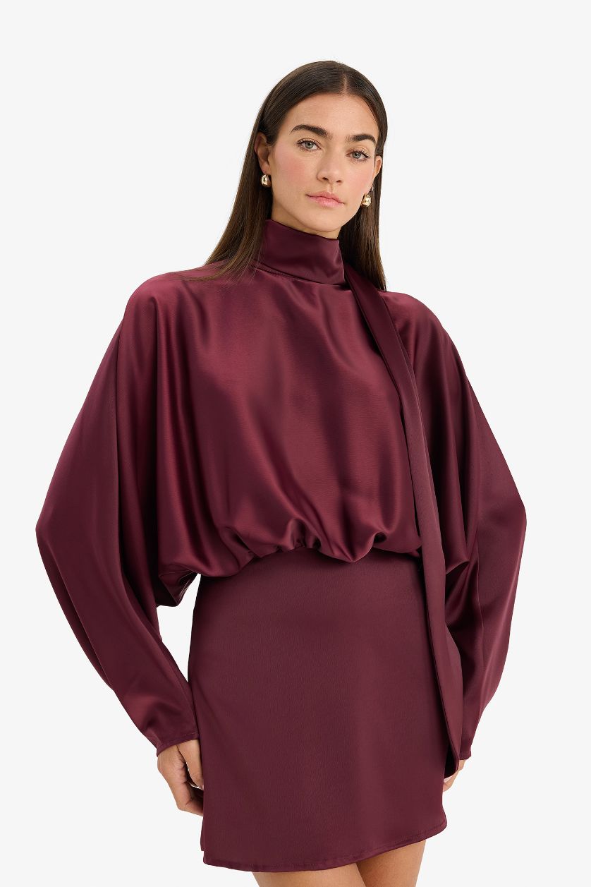 WOMAN Bordeaux Crew Neck Satin Batwing Mini Dress