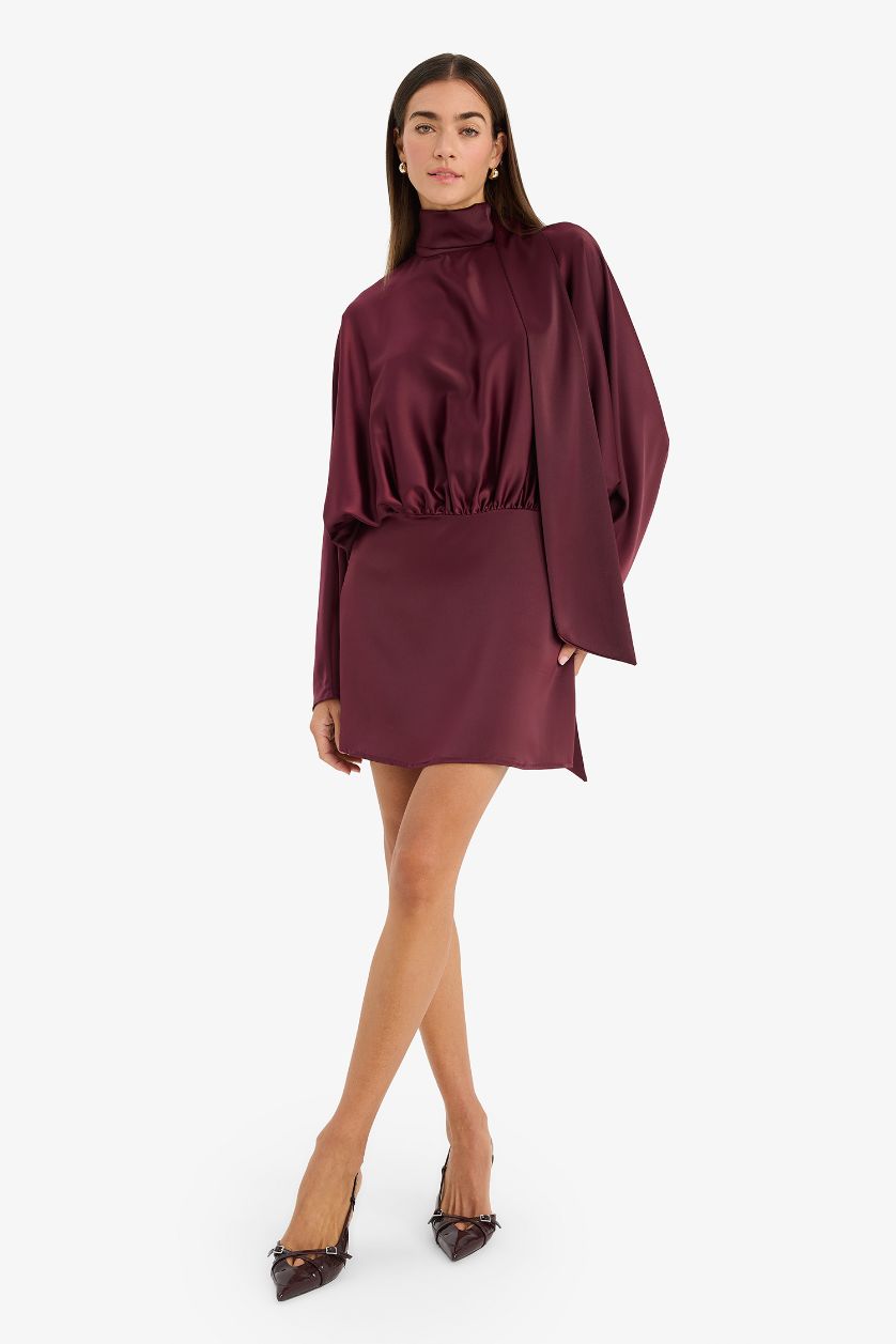 WOMAN Bordeaux Crew Neck Satin Batwing Mini Dress