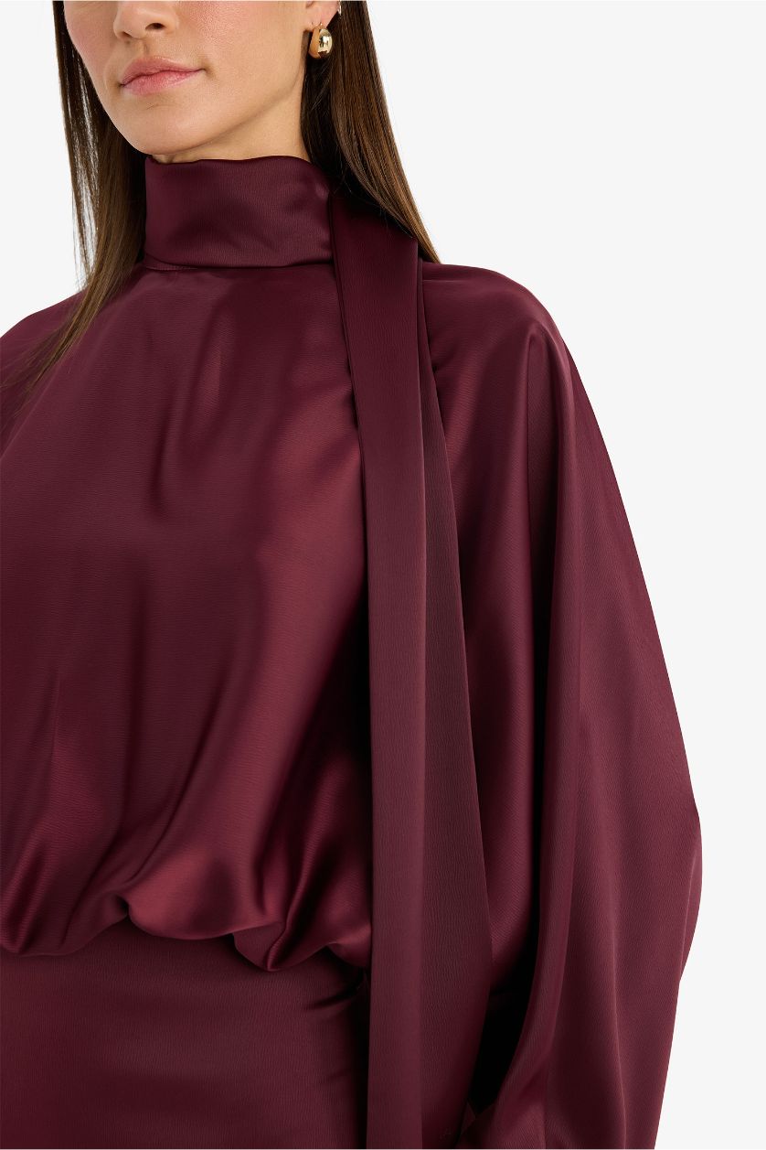 WOMAN Bordeaux Crew Neck Satin Batwing Mini Dress