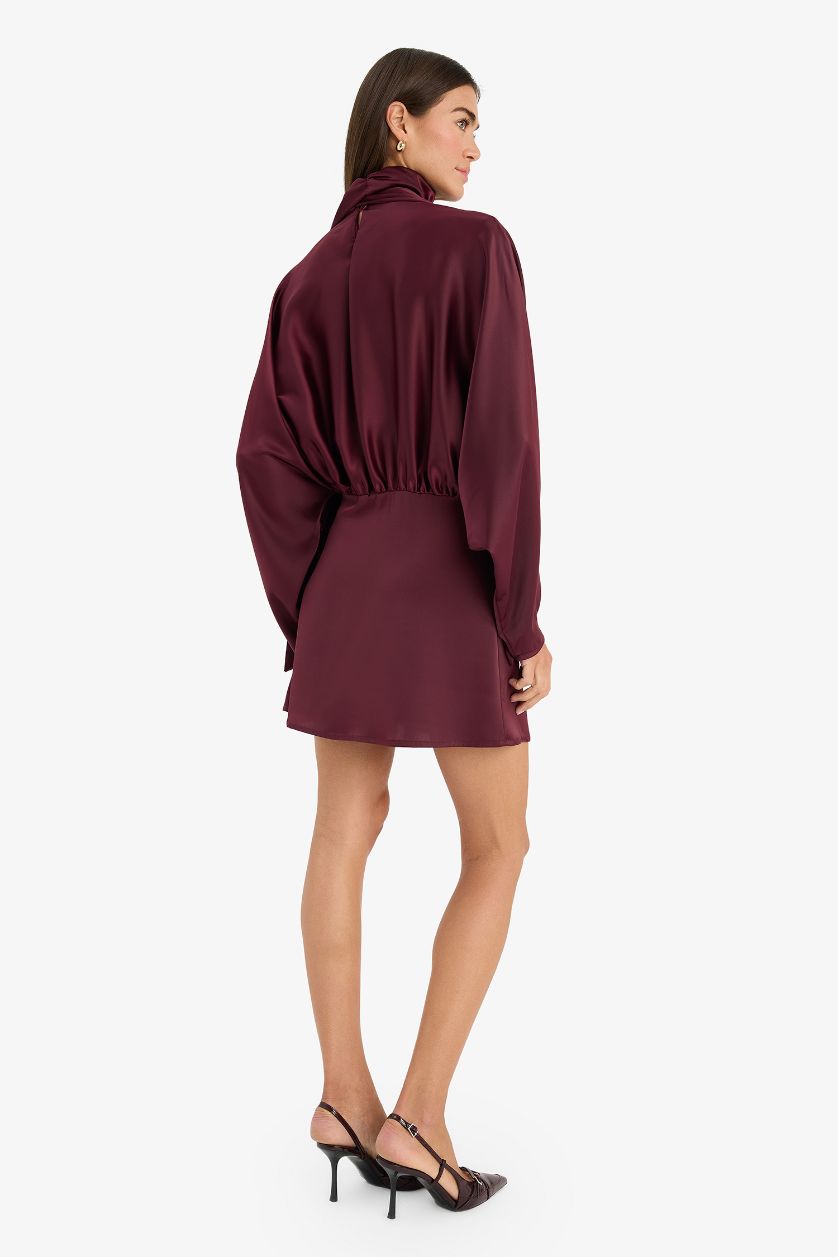 WOMAN Bordeaux Crew Neck Satin Batwing Mini Dress