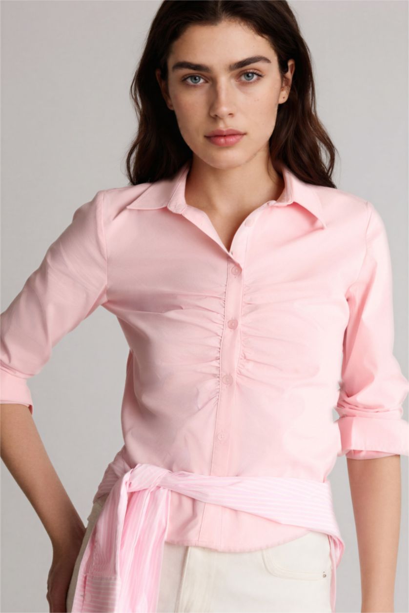 Kadın Açık Pembe Fıtted Gömlek Yaka Bengalin Uzun Kollu Gömlek