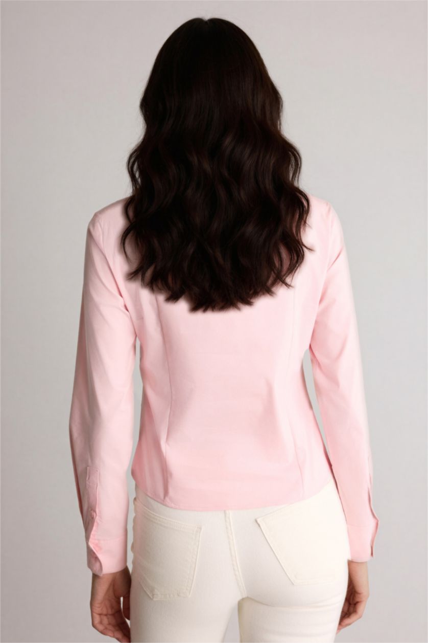 Kadın Açık Pembe Fıtted Gömlek Yaka Bengalin Uzun Kollu Gömlek