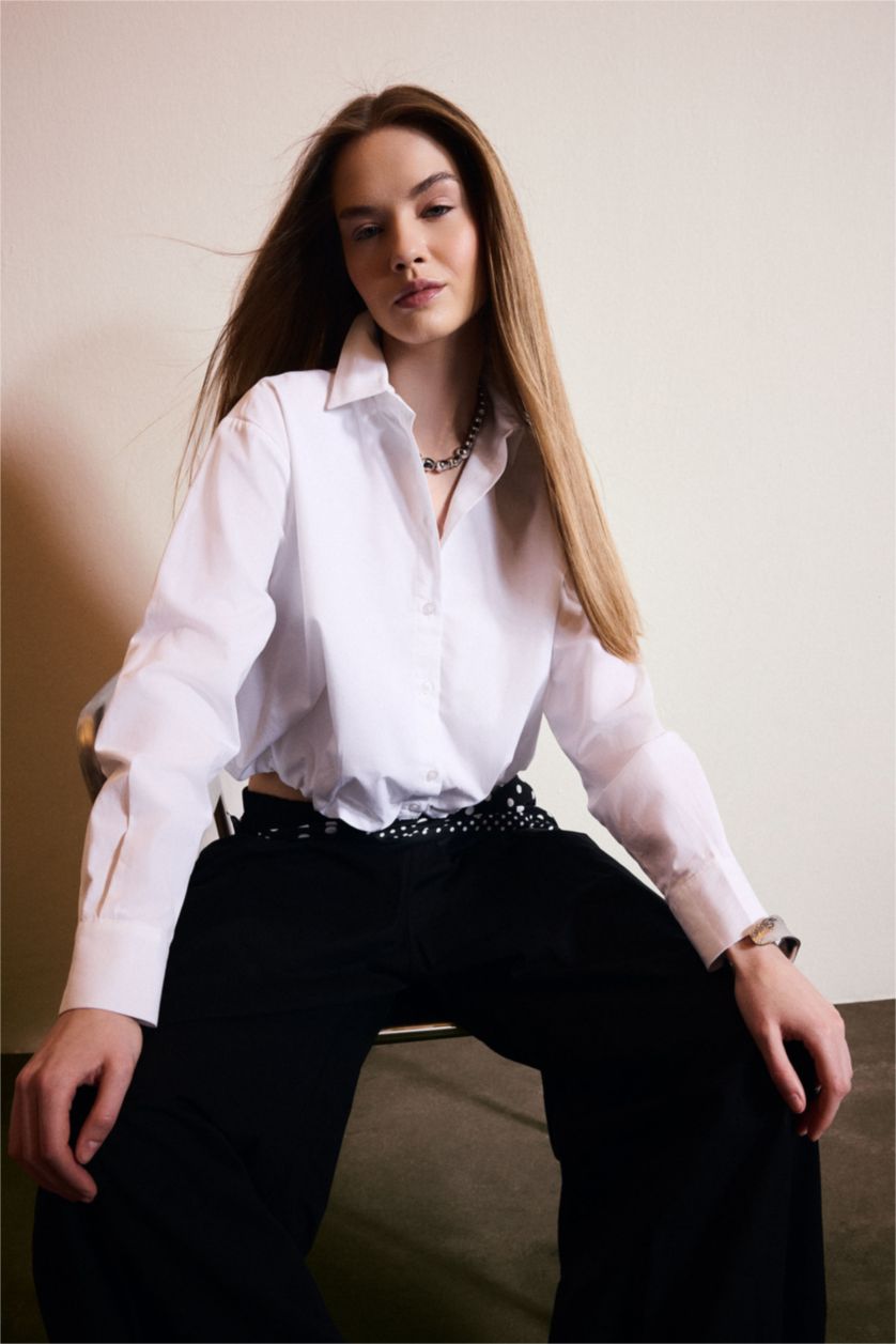 WOMAN White Balloon Fit Shirt Collar Poplin Long Sleeve Shirt