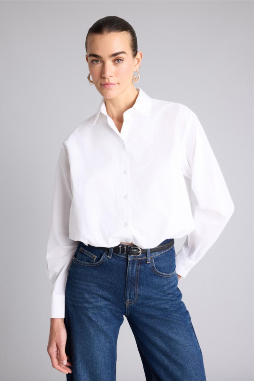 WOMAN White Balloon Fit Shirt Collar Poplin Long Sleeve Shirt