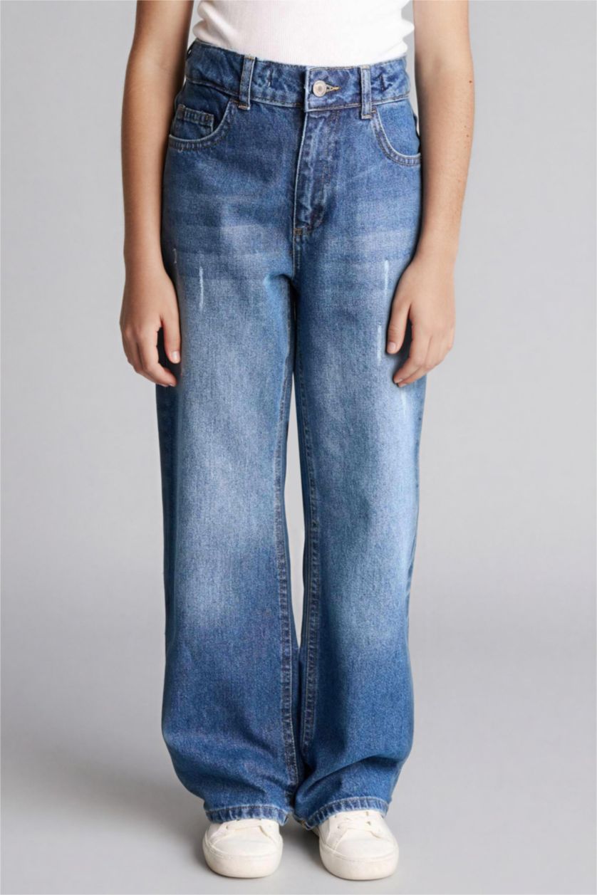 بنات أخضر فاتح بنطرون جينز بناتي وايد ليج قصة مستقيمة واسعة