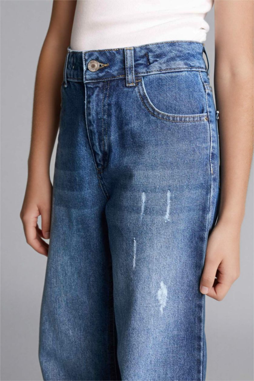 بنات أخضر فاتح بنطرون جينز بناتي وايد ليج قصة مستقيمة واسعة