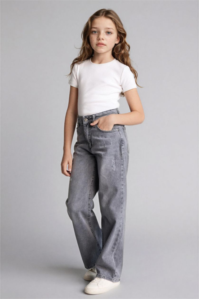 بنات رمادي بنطرون جينز بناتي وايد ليج قصة مستقيمة واسعة