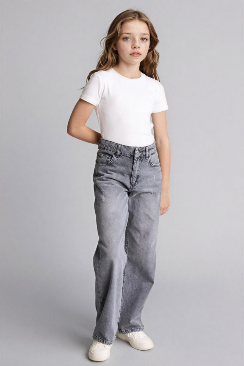 بنات رمادي بنطرون جينز بناتي وايد ليج قصة مستقيمة واسعة