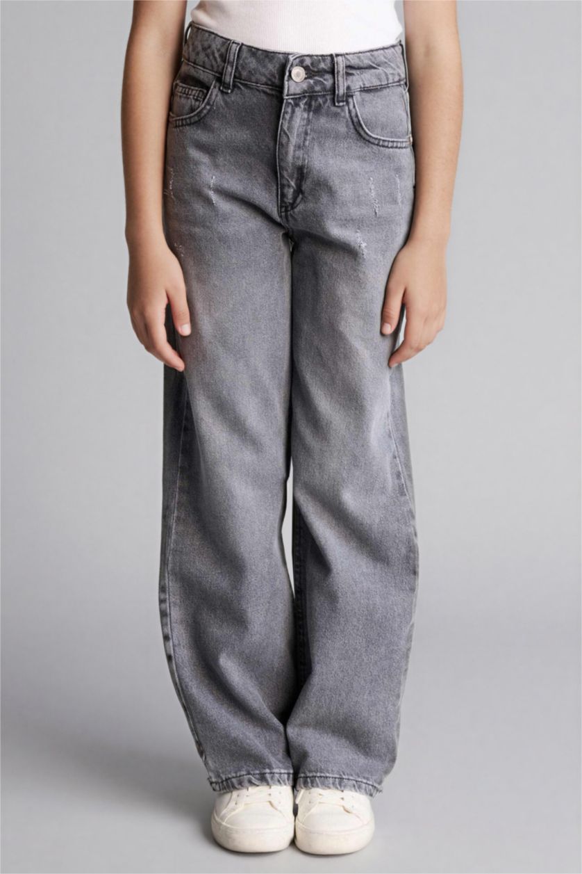 بنات رمادي بنطرون جينز بناتي وايد ليج قصة مستقيمة واسعة