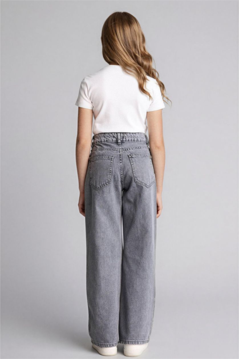 بنات رمادي بنطرون جينز بناتي وايد ليج قصة مستقيمة واسعة
