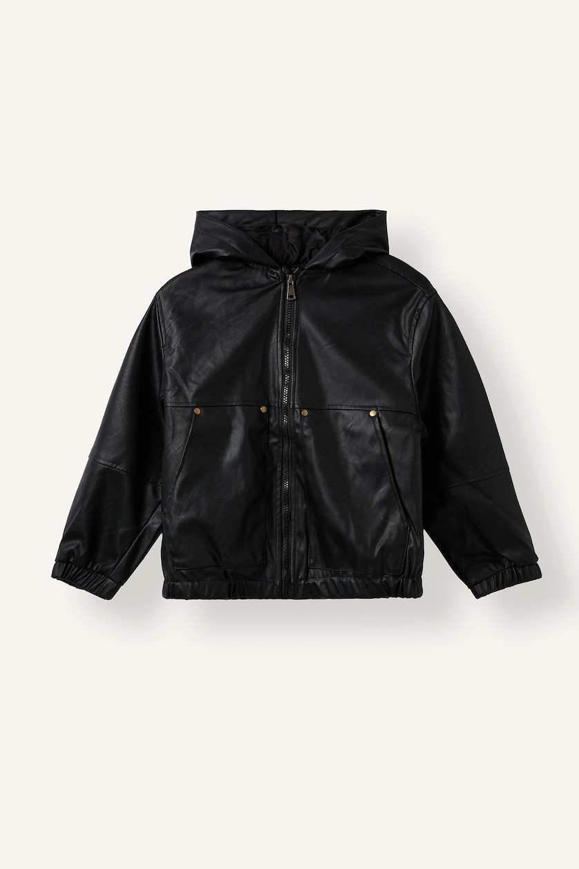Boys & Teens Black جاكيت ولادي جلد صناعي بغطاء للرأس