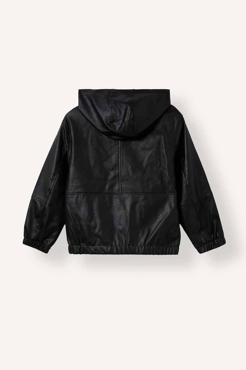 Boys & Teens Black جاكيت ولادي جلد صناعي بغطاء للرأس