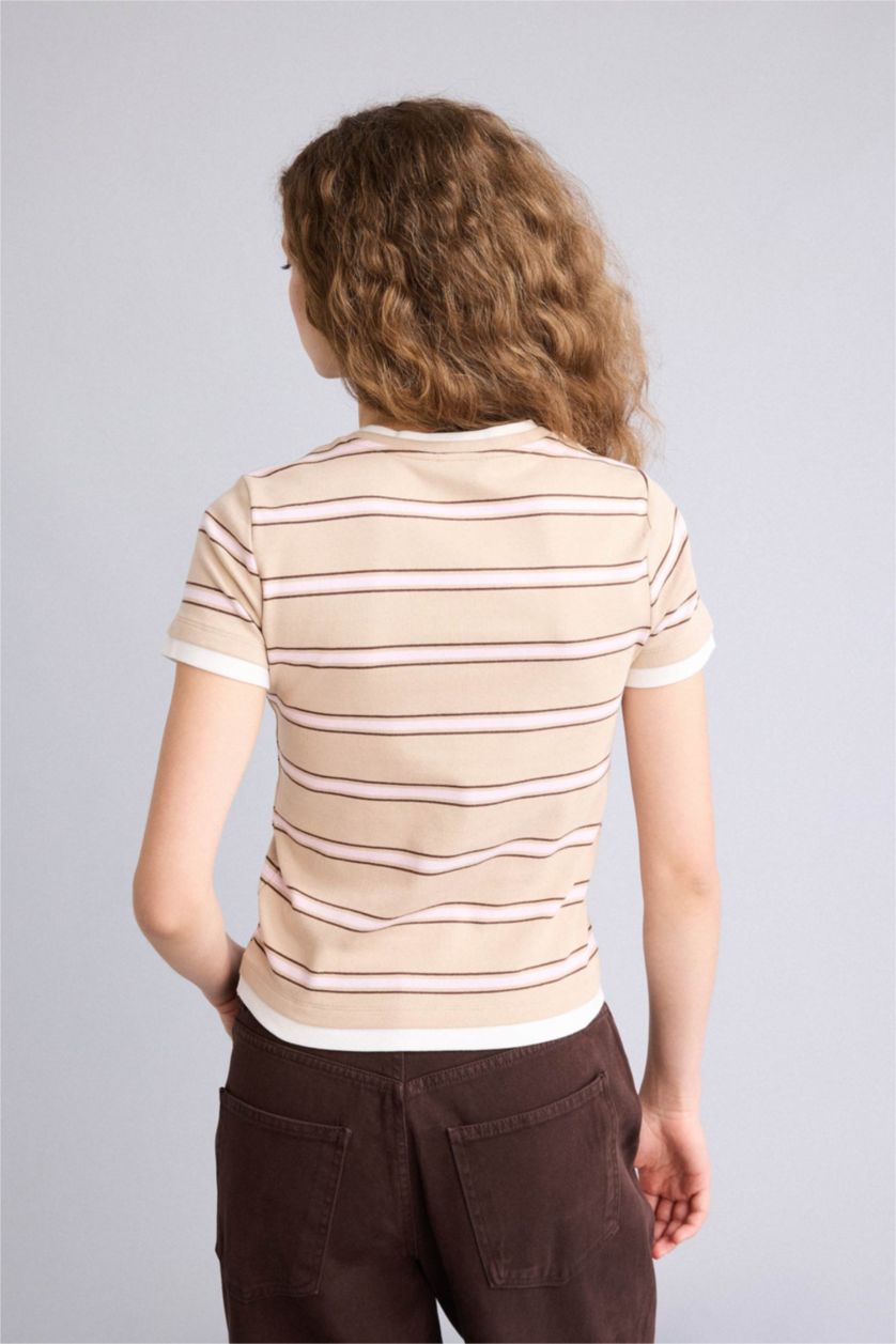 Kadın Bej Regular Fıt Çizgili Ribana Tişört