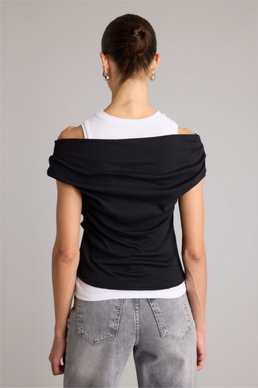 Kadın Siyah Slım Fıt Tek Omuzlu Ribana Kısa Kollu Tişört