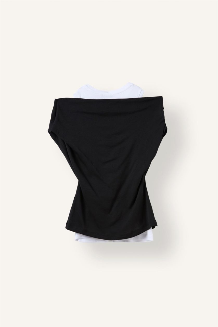 WOMAN Black Slim Fit One Shoulder Ribana Short Sleeve T-Shirt