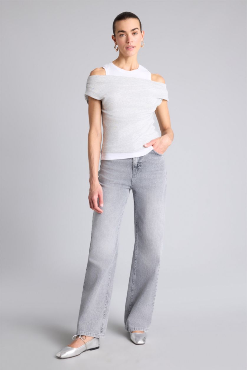 Kadın Gri Melanj Slım Fıt Çift Katmanlı Ribana Tişört