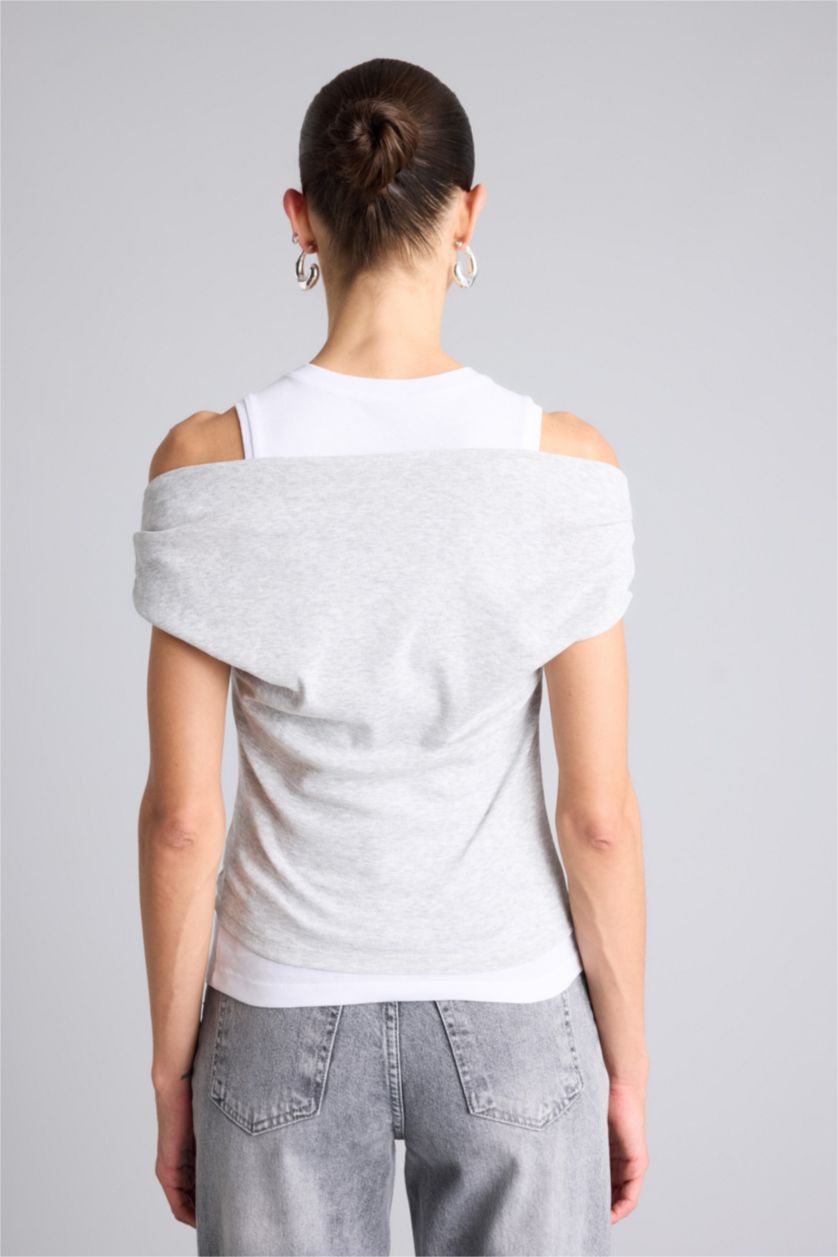 Kadın Gri Melanj Slım Fıt Çift Katmanlı Ribana Tişört