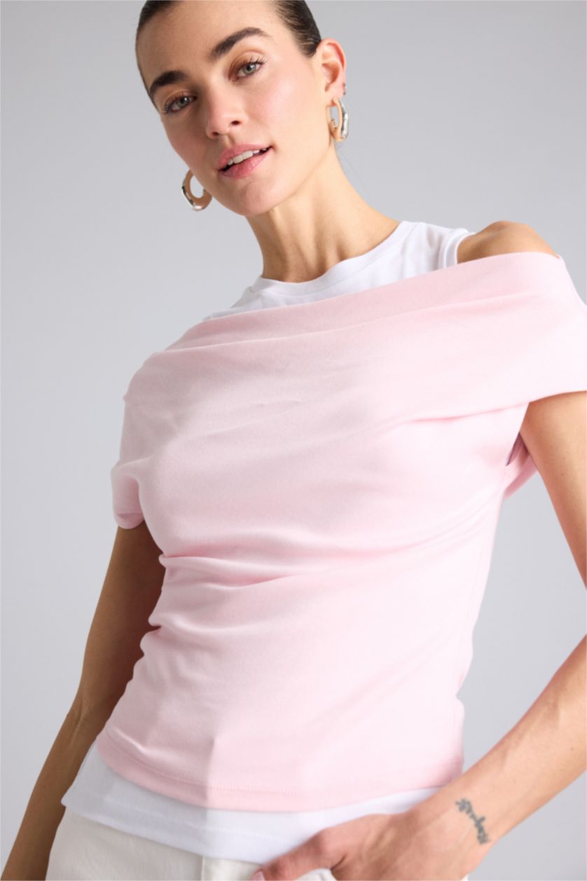 Kadın Açık Pembe Slim Fit Çift Katmanlı Ribana Tişört