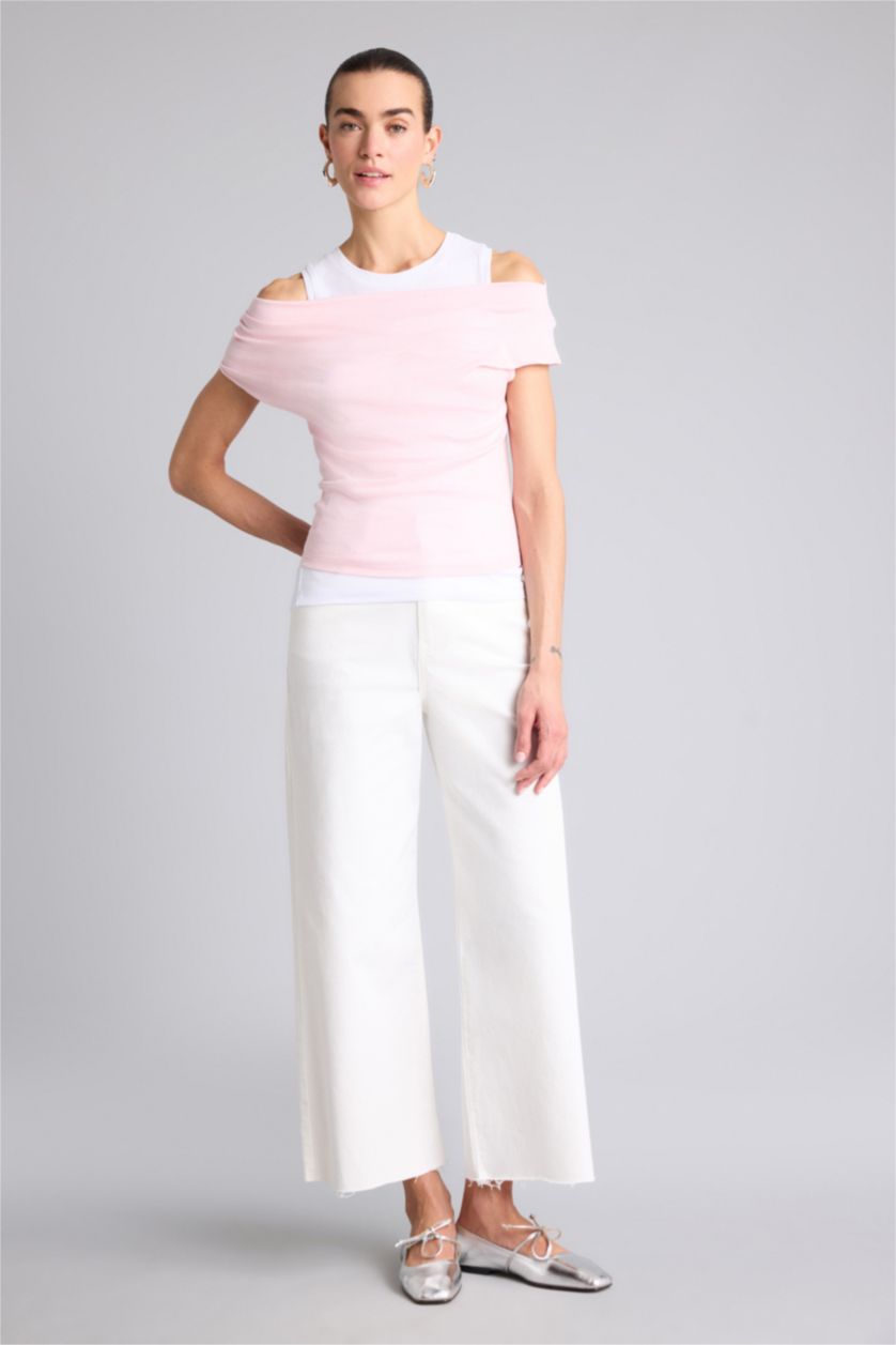 Kadın Açık Pembe Slim Fit Çift Katmanlı Ribana Tişört