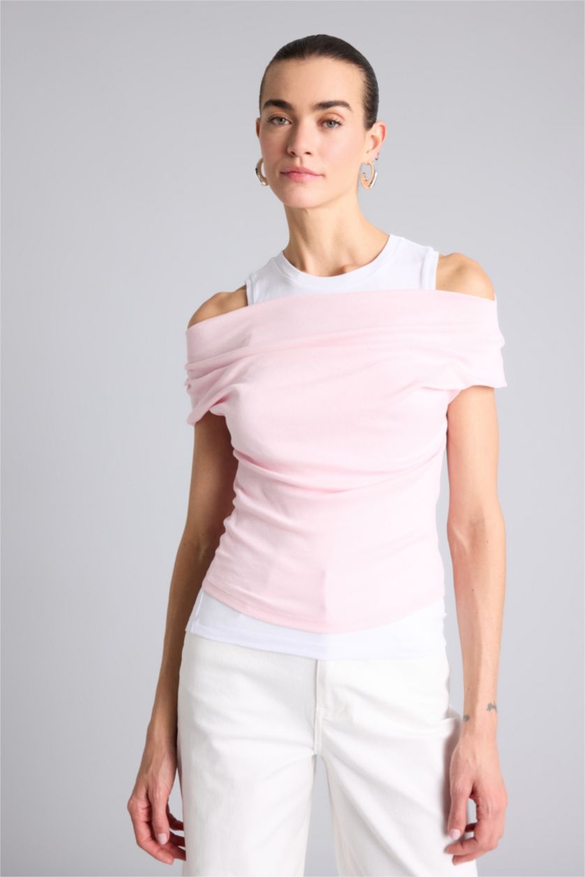 Kadın Açık Pembe Slim Fit Çift Katmanlı Ribana Tişört