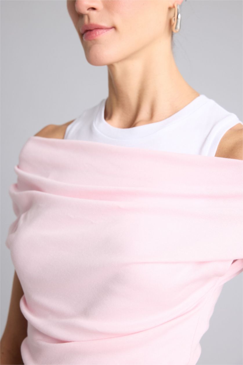 Kadın Açık Pembe Slim Fit Çift Katmanlı Ribana Tişört