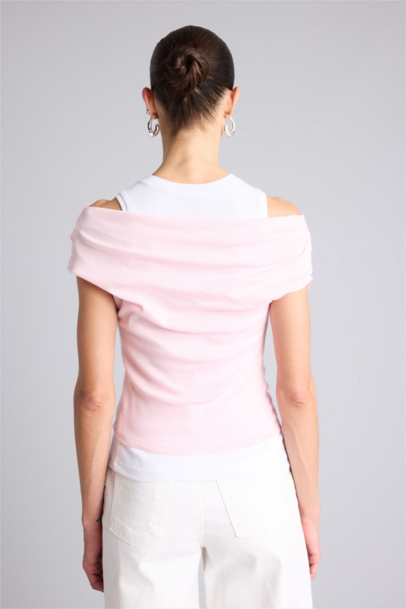 Kadın Açık Pembe Slim Fit Çift Katmanlı Ribana Tişört