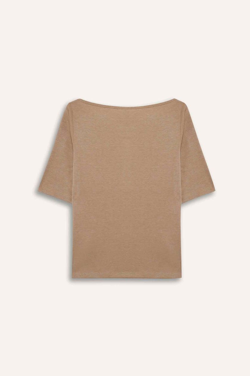 Kadın Kum Slım Fıt Kayık Yaka Ribana Tişört