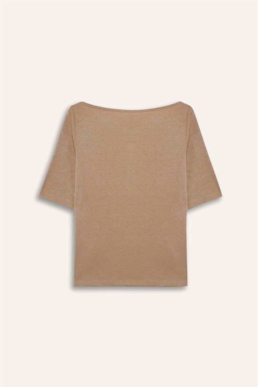 Женщины Песочный Футболка Slim Fit в рубчик с вырезом лодочка