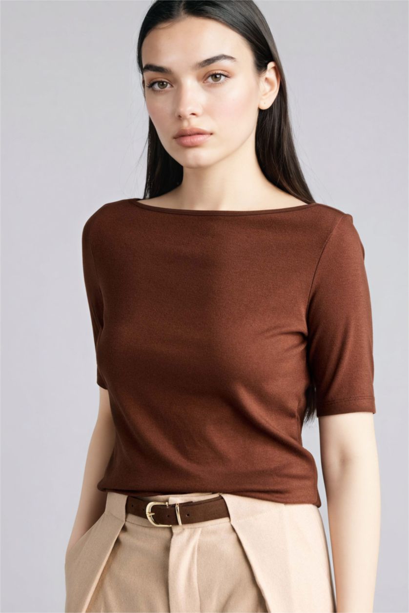 Woman Brown تيشيرت ردن طويل سليم فيت وياخة مستديرة