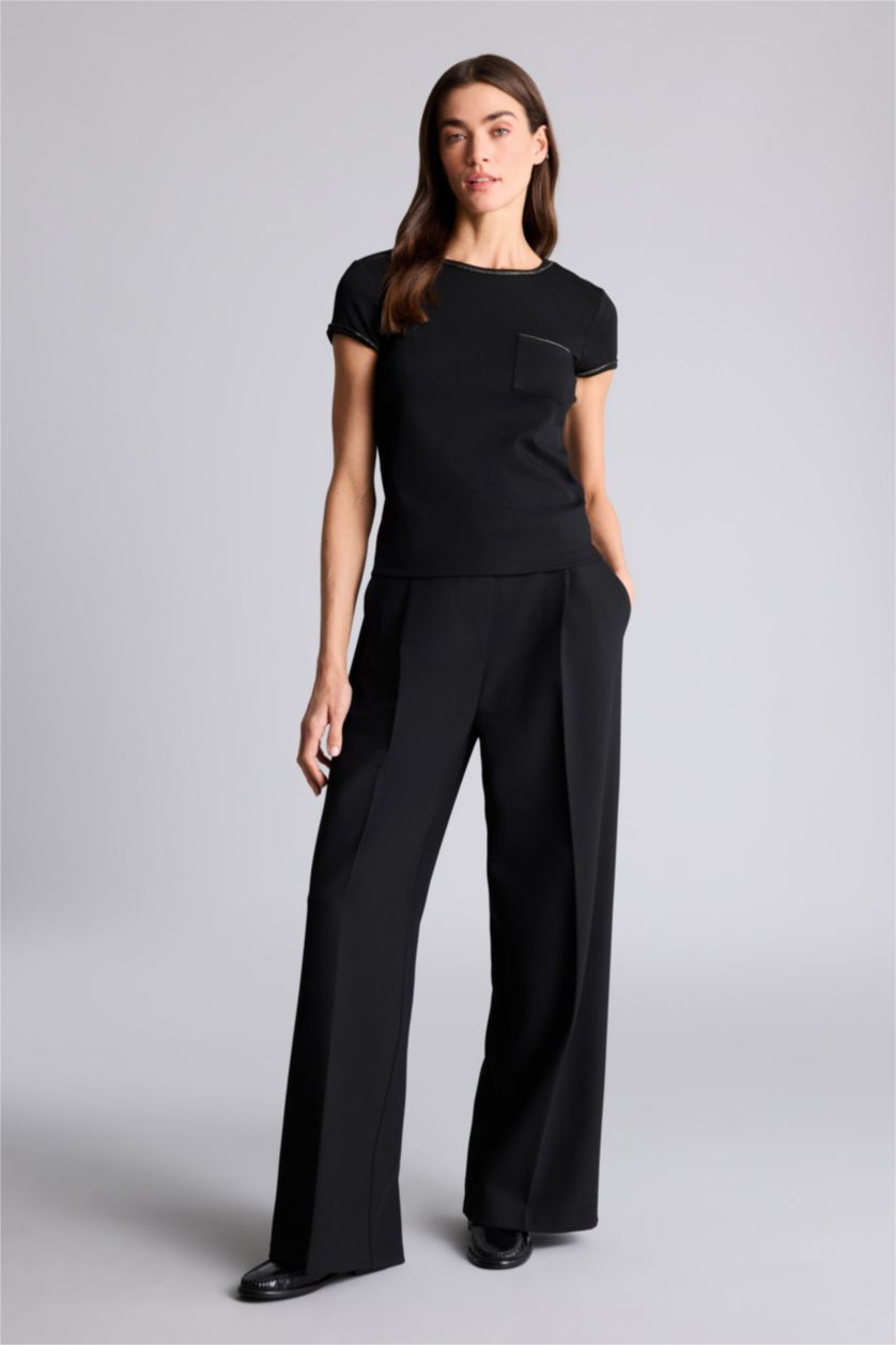 Kadın Siyah Slım Fıt Bisiklet Yaka Ribana Kısa Kollu Tişört