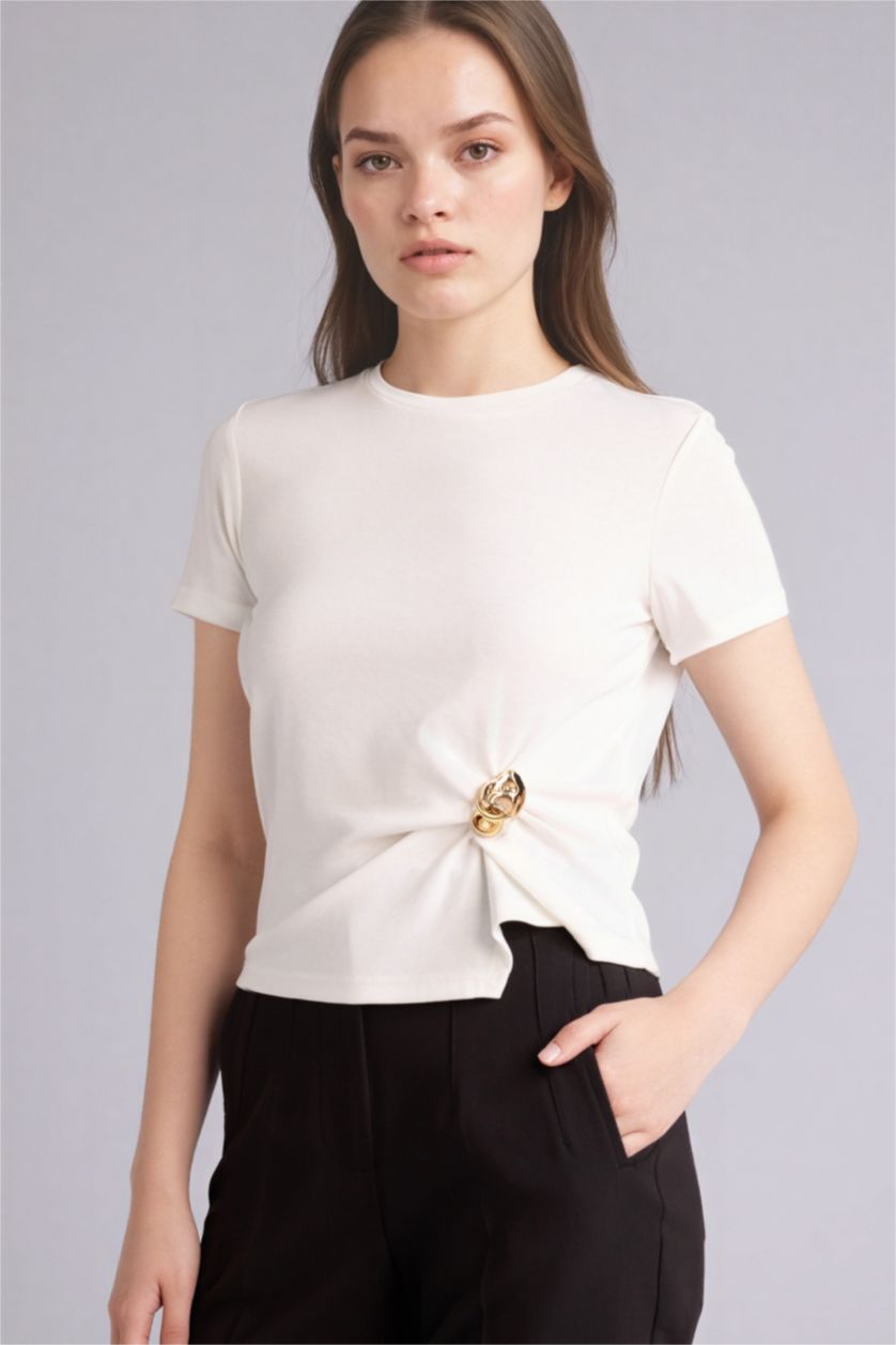 Woman Ecru Slim Fit Crew Neck Ribbed Short Sleeve T-Shirt