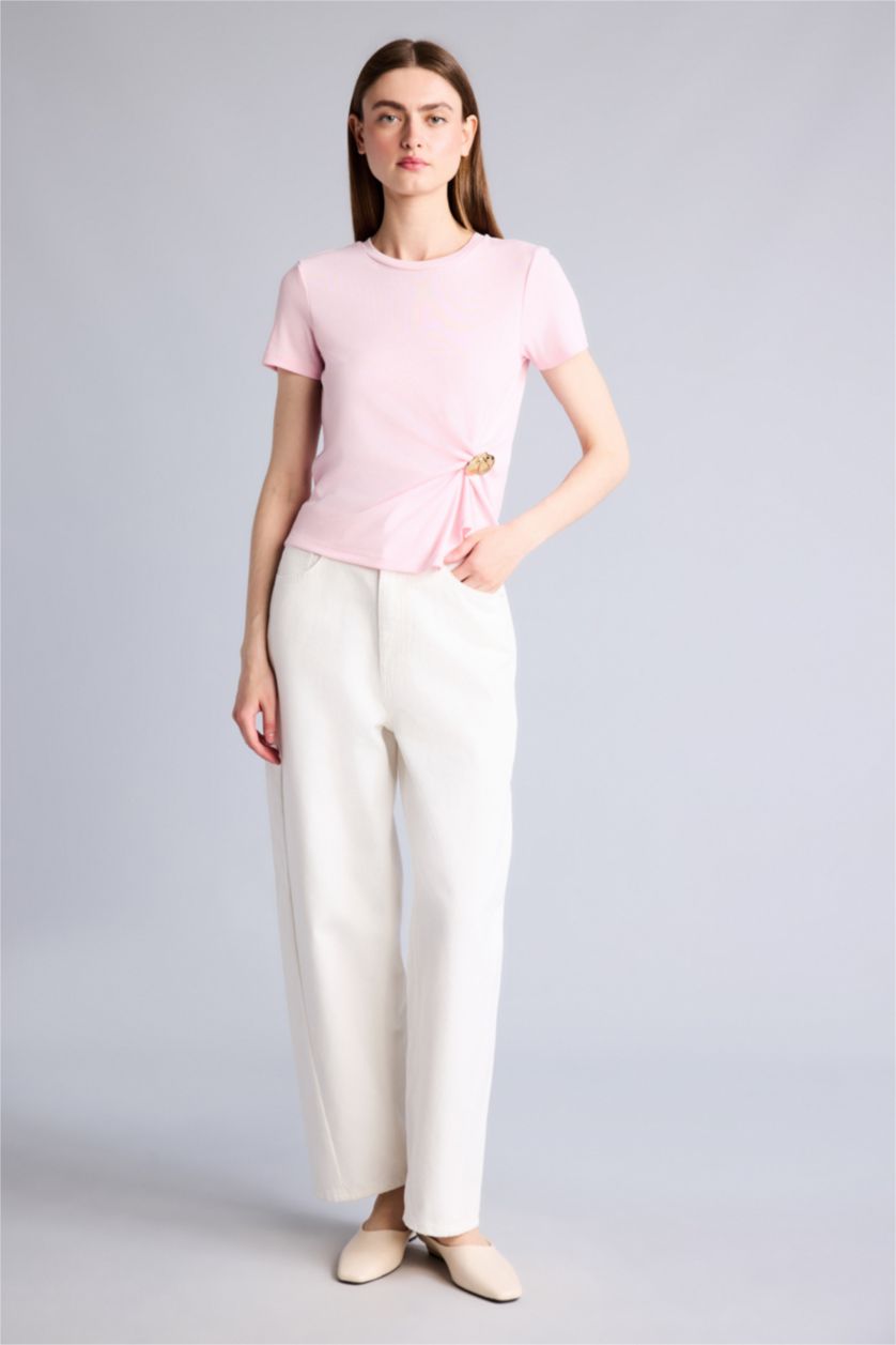 Kadın Açık Pembe Slim Fit Kısa kollu Ribana Tişört