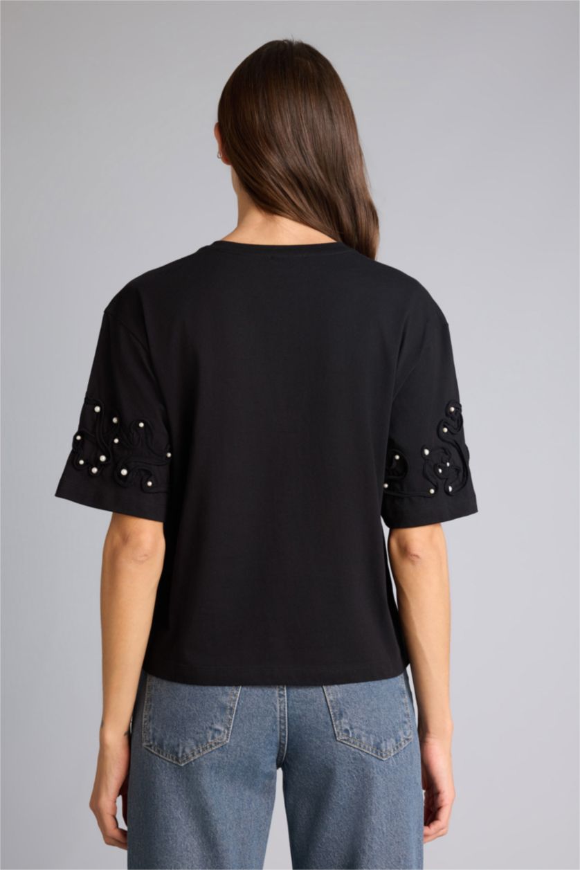 Woman Black تيشيرت نص ردن قصة مريحة وياخة مستديرة