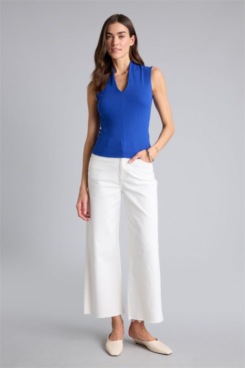 Әйелдерге Көк Slim Fit V жағалы қырлы кашкорсе майка