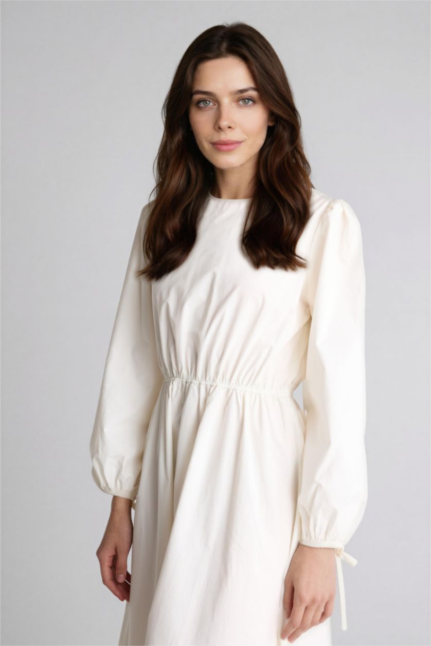 FEMME Écru Robe Tissée À Manches Longues Popeline