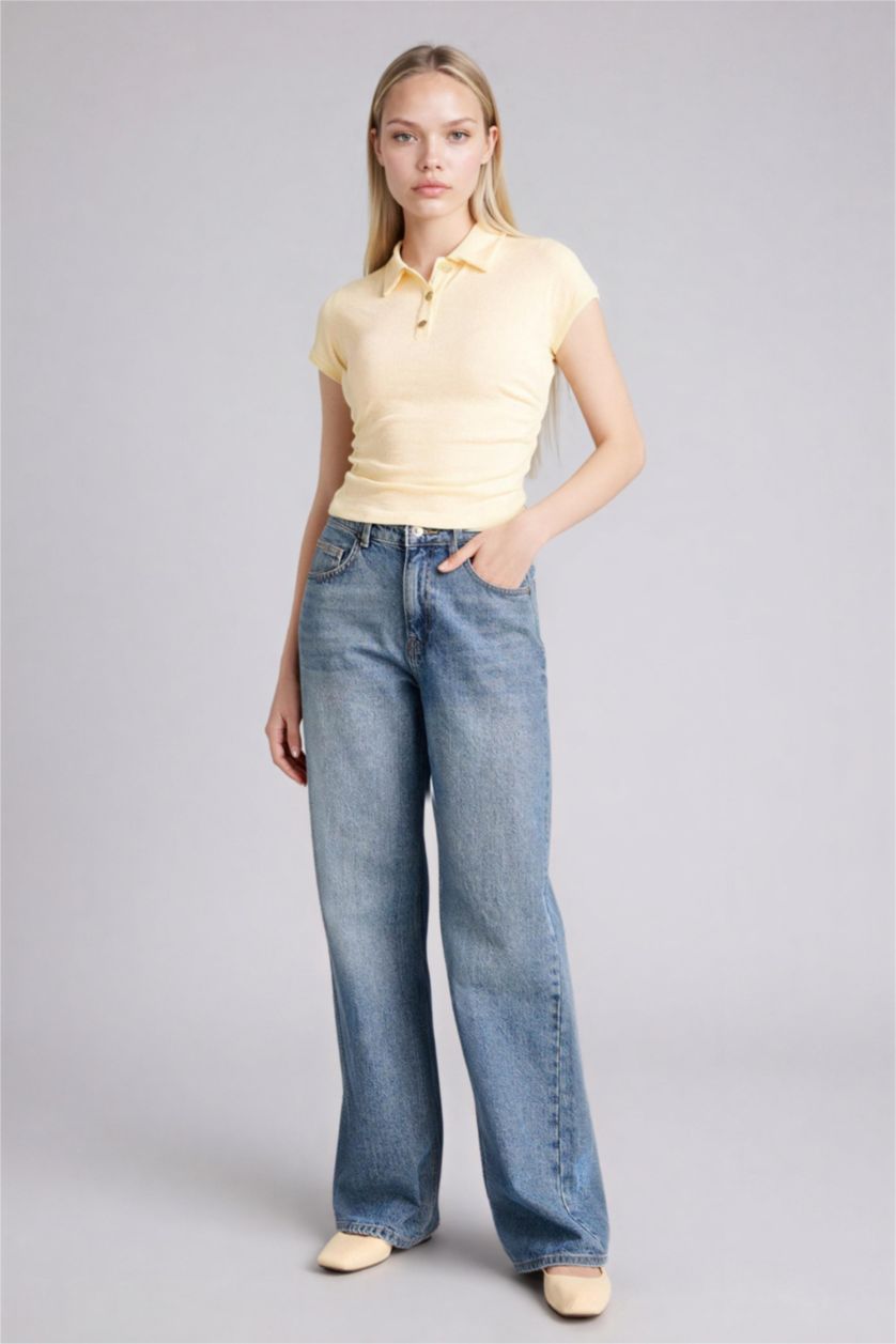 Kadın Açık Sarı Slım Fıt Fitilli Kaşkorse Polo Tişört