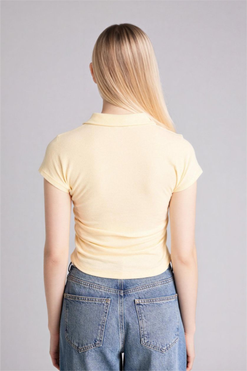 Kadın Açık Sarı Slım Fıt Fitilli Kaşkorse Polo Tişört