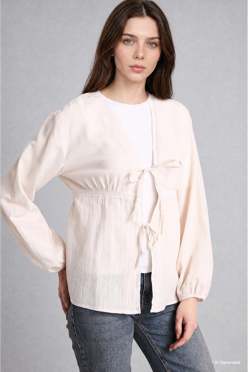 WOMAN Ecru Regular Fit Wowen Fabrics Long Sleeve Tunic