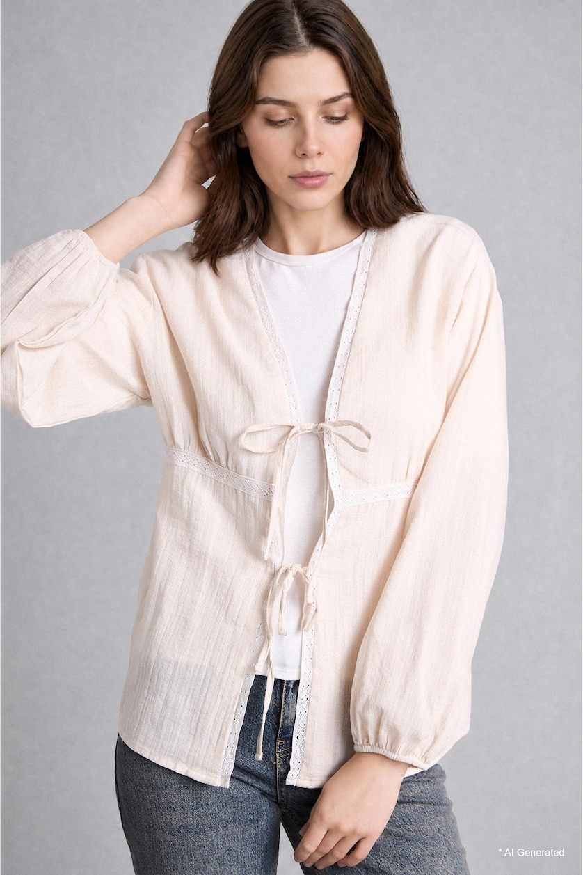 WOMAN Ecru Regular Fit Wowen Fabrics Long Sleeve Tunic