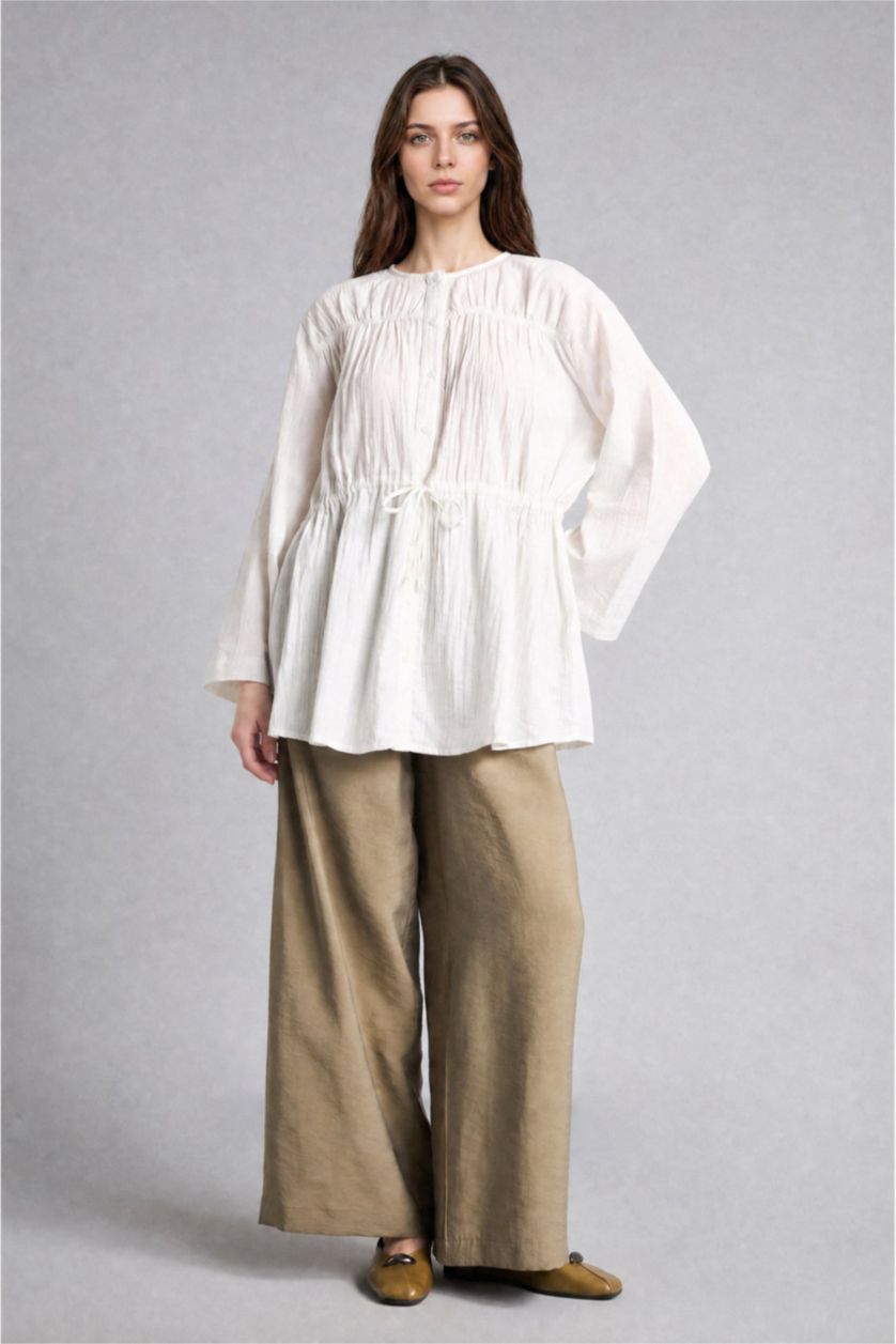نساء بيج فاتح Regular Fit Wowen Fabrics Long Sleeve Tunic