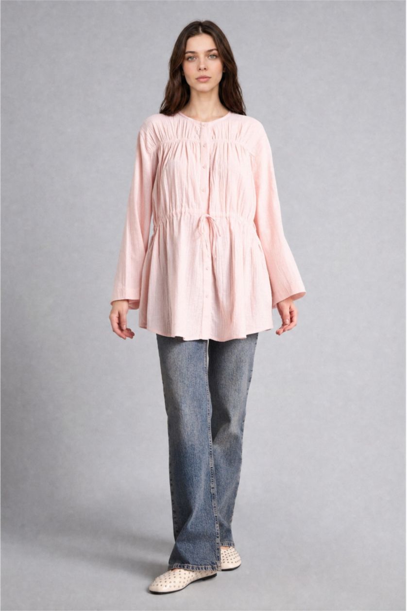 نساء زهري Regular Fit Wowen Fabrics Long Sleeve Tunic