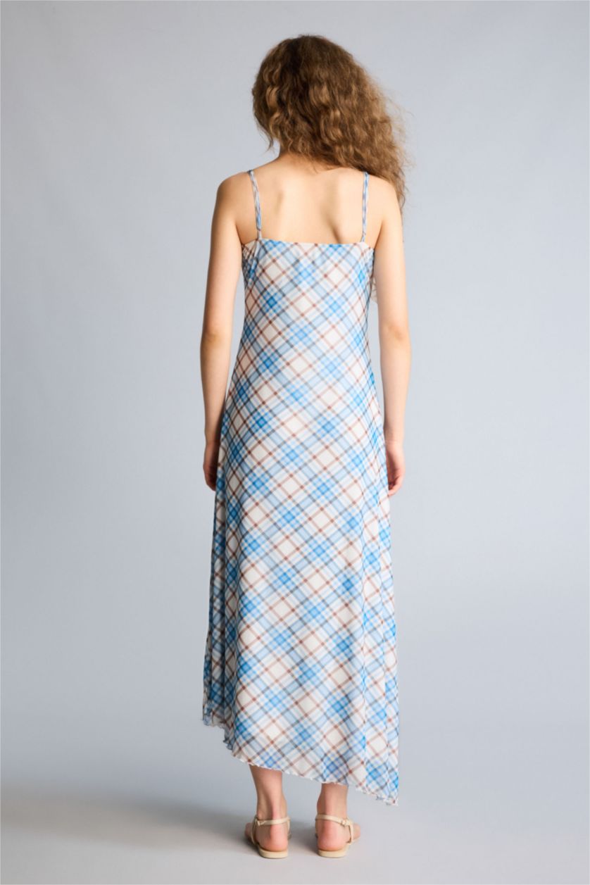 Женщины Коричневый Асимметричное платье миди из тюля в клетку без рукавов с V-образным вырезом