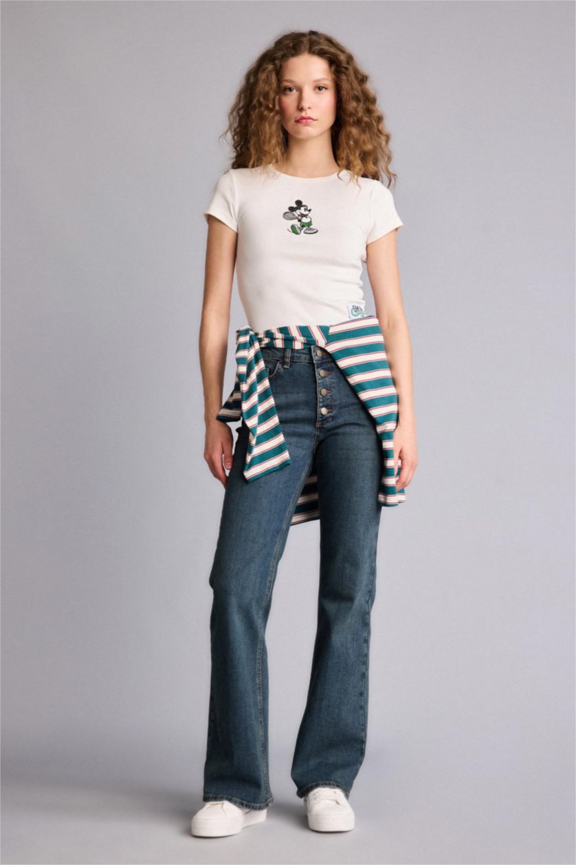 Kadın Kırık Beyaz Dısney Mıckey & Mınnıe Fıtted Nakışlı Tişört