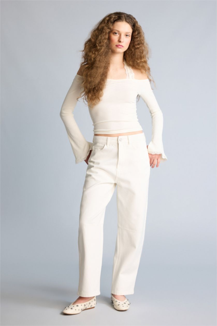 Әйелдерге АҚ Barrel Fit жоғары белді тік балақ ұзын джинс шалбар