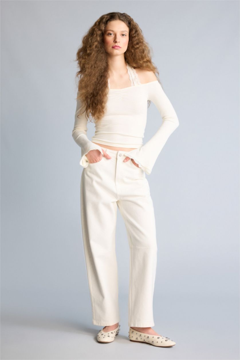 Әйелдерге АҚ Barrel Fit жоғары белді тік балақ ұзын джинс шалбар